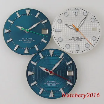 Синьо-бял циферблат часа Tandorio 29 мм, подходящ за NH35 NH36, автоматични мъжки часовници, аксесоари, зелен светлинен прозореца дата