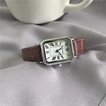 Ретро-Класически часовници случайни кварцов механизъм циферблат Кожена каишка Правоъгълни часовници Модерен ръчен часовник за жени