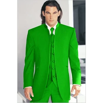 Изработена по поръчка мъжки костюм по ПОРЪЧКА със зелен яка Мадарин, мъжки смокинги за младоженците (яке + Панталон + елек) 14012305
