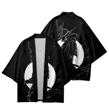 Черно Японското Кимоно с принтом Самурай от карикатура, Плажни шорти, Лятна двойка, Мъже, Жени, риза Юката, жилетка Хаори, cosplay