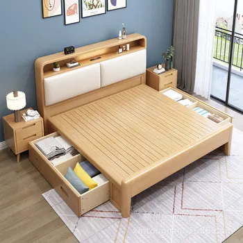 Многофункционална мебел рамка на легло от масивно дърво дъб дървено легло с таблата за съхранение за спални