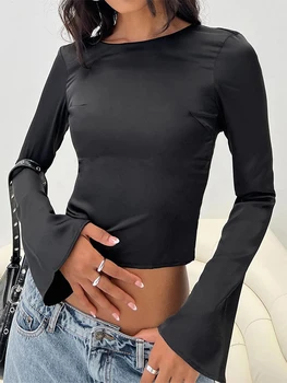 Дамски съкратен върхове с кръгло деколте, дълъг ръкав и кръстосано облегалка, обикновена плътно прилепнали тениски, блузи