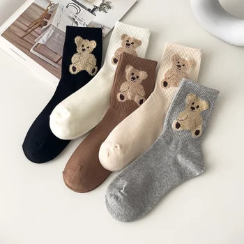 Креативни нови чорапи с кафяв мечок, дамски чорапи със средна дължина, японски сладки студентски чорапи с диви животни, есенни и зимни чорапи