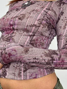 Дамски летни тънки съкратен потници, тениска с кръгло деколте и дълъг ръкав в ретро стил с флорални принтом, градинска облекло