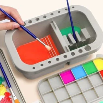 Многофункционална кофа за миене на химикалки от три части С палитра от цветове, държач за акварельных и акрилни четки и кутия за палитра