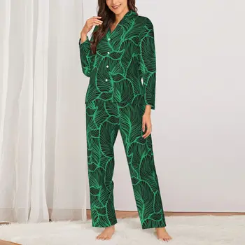 Пижамный комплект с тропически принтом, Зелени листа, Модни пижами, дамски, годината на Реколтата, за почивка, 2 броя, пижами голям размер 2XL