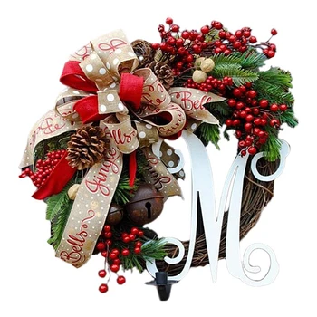 Коледна врата венец, изкуствена борова шишарка, лък стъбло червени плодове, монтиране на украса, Весела Коледа Коледна украса