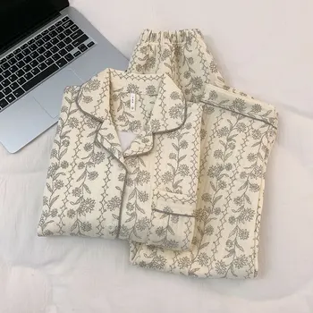 Пижами пролетно-есенни женски 2023, нова домашно облекло от утолщенного памук с дълъг ръкав, сладък японски зимата домашен костюм