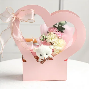 Аранжировка от цветя Крафт хартиена торба Сгъваема Преносима Кутия за опаковане на цветя Водоустойчива Цветна кошница с Подаръци чанта с дръжка във формата на сърце
