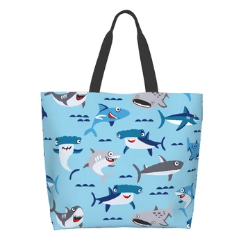 Чанта за пазаруване с удоволствие акули, множество скъпа чанта-тоут, синя чанта през рамо, ежедневни, лека, с голям капацитет