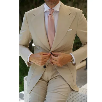 Нов модерен однобортный мъжки костюм с ревера бежов цвят, комплект от 2 теми, на Официална Елегантна Случайни Сватбен Смокинг на младоженеца, Блейзър с панталони