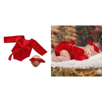 Подпори за фотосесия на новородено, превръзка на главата и с нос, червен гащеризон с отворен гръб, дрехи за представляващи, костюм за детска фотография, Коледен костюм за бебета