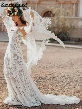 Елегантна сватбена рокля в стил бохо, секси плажна рокля с аппликацией Vestido De Noiva, сватбената рокля на тънки спагети презрамки, V-образно деколте, открита на въртене