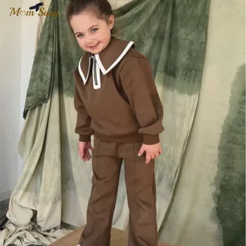 Модерен Комплект от Памучен дрехи За Малките Момичета, Hoody + Разкроена Панталони, Комплект дрехи за Деца от 2 теми, Обикновен Костюм, Детски Дрехи от 2 до 10 години