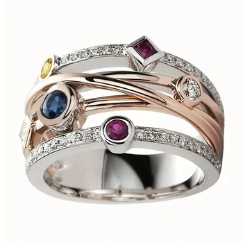 Великолепен сребърен цвят, Двухрядные пръстен от розово злато с цирконий, Изискани модни Кухи годежни пръстени за жени