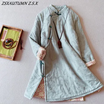 Дамско памучно семе и ленено палто в китайски стил в стил ретро, зимни дебели ватиран халат със средна дължина, Дзен, Етническа яке с памучна подплата, Китай