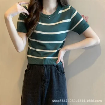 Кръгла яка, висока талия, темпераментен къс яке, дамски нова лятна луксозен корейската версия на тениски с къси ръкави gray22