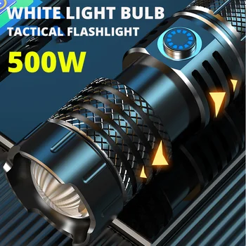 Мощен led фенерче на Далечни разстояния, Бяла Прожекторная лампа с Мощност 500 W, Тактически фенер TYPE-C, Зареждане чрез USB, Телескопична Увеличение От батерии 26650