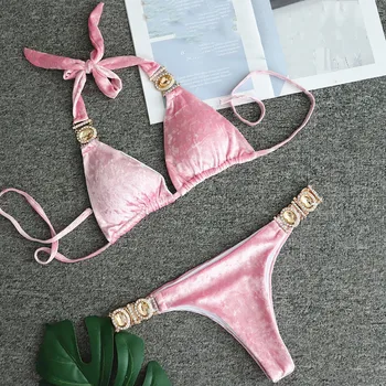Розово Veulettes, Бразилски бански костюми, Женски секси комплект от бикини, Диамантени плажни бански костюми повдигащ, женски бански костюм без ръкави, 2 броя, бански
