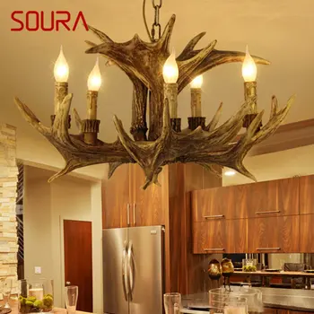 Модерен полилей от рога на елени SOURA, творчески окачен лампа от смола в ретро стил, осветителни тела за дома, хол, трапезария, бар, кафене