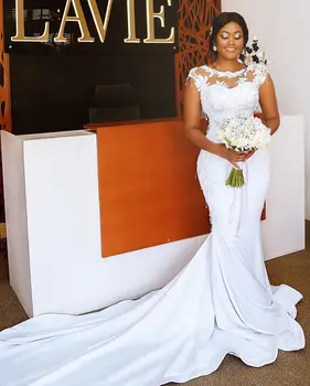 2020 г. е Последният Дизайн от Изискани Сватбени Рокли Бяло Африкански Сватбена Рокля С Аппликацией във формата На Русалки, Овално Атласное Рокля, Расшитое Мъниста, Дълга Рокля Tessel