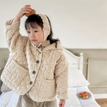 Детско есен памучни палто Детско плюшевое однобортное палто с качулка в грах 2023 Детско зимно яке