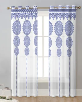 Бохо Синьо модел на Мандала Завеса от органза и воал за спални, завеси за обработка на прозорци, тюлевые пердета за хола, прозрачни завеси
