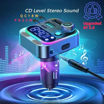 Автомобилен Bluetooth 5.2 FM трансмитер PD Type-C, Двойно USB 3.1 A, Цветни Разсеяна светлина, микрофон, Музикален MP3-модулатор плейър