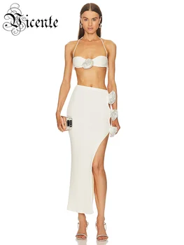 Комплект женски бели рокли VC, суперкороткий топ на бретелях + дълга пола с висока цепка с 3D цветове, дамски дрехи за специални поводи