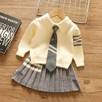 Комплект пуловери за момичета 2024, Пролетта и Есента Нов Модерен Детски Вязаный комплект от три елемента в стил Baby Academy, Детски дрехи