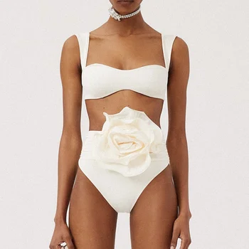 2024 Секси бански костюм-бикини с 3D цветен модел и висока талия, женски обикновен бански костюми, бански костюм с ефект повдигащ, Монокини