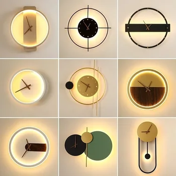 Скандинавските LED осветление Стена Quiet Art Clock Design Стенни Аплици Творчески Преминаване Спалня Хол Фон Стенен Стенен Декор Лампа