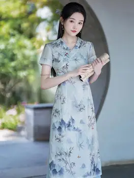 Китайски стил Ципао Младежки стил Ретро стил Подобряване на Китайското рокля Vestido Женски Източното Елегантна рокля Чонсам с къс ръкав