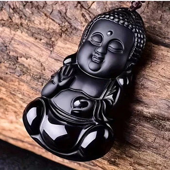 естествена черна обсидиановая кукла Шакямуни Буда гуаньинь висулка колие за мъже и жени