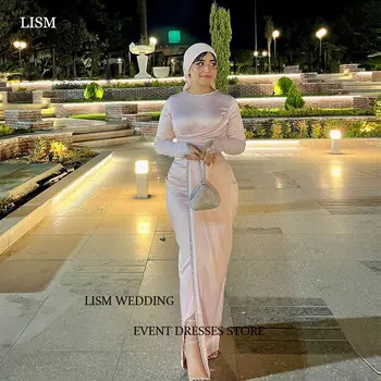 LISM 2024 Скромни мюсюлманските Арабски Дамски официални рокли Консервативни розови мъниста, с кръгло деколте, кристални диаманти, Копринени шифоновые рокли за бала