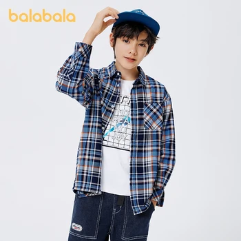 Риза с дълги ръкави за момчета Balabala Kids 2023, Есенно-зимна новата модерна риза в клетка с принтом