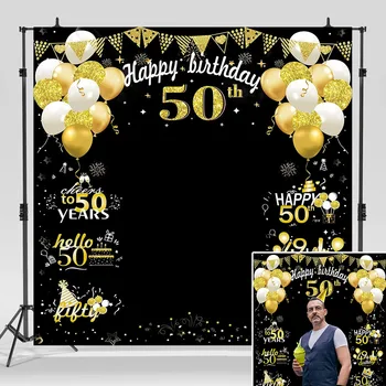 Украса на Партито за 50-ия Рожден Ден на Банер за Жени, Мъже Черното Злато Петдесет Поздрави 50-Годишен Фотобудке Фон За Снимки