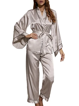 Жена пижамный комплект, пижамный костюм с дълъг ръкав, коприна сатен пижами, мек колан, комплект пижам дантела, облекло за почивка