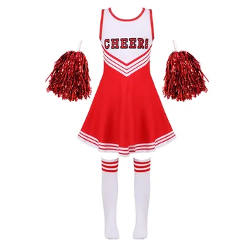 Детски костюм за черлидинга, училищни униформи чирлидерш за момичета, екипировки за весели танци на Хелоуин, рокля за cosplay с чорапи в цветенце