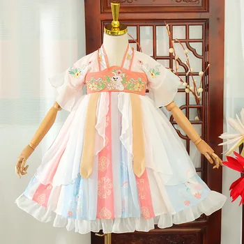 Бебешка рокля с бродерия на розово зайче за cosplay, пола феи Ханфу за китайските момичета, летен костюм на древна принцеса да се изяви, Vestido