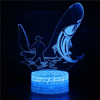Риболовна 3D лампа, led акрилни лека нощ за украса спални, 7 цвята, нощна лампа настолна USB, подарък за фен на риболова