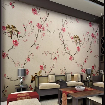 Китайската ръчно рисувани цветя и птици beibehang с цветя и птици с висока разделителна способност, на фона на дивана, голяма фреска на поръчка, зелени тапети