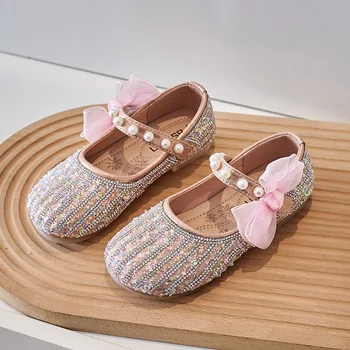 Обувки принцеса На прекрасни момичета с Елегантни детски обувки с пайети и перли, модни детски танцови обувки на плоска подметка, вечерни тънки обувки J221