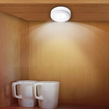 COB Кръгли led светлини под шкаф, Притискателния прекъсвач, монтиран на стената лампа, шкаф, гардероб, Кухненски лампа, Лепкава нощна светлина със собствените си ръце