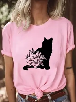 Flower Floral Cat тренд 90-те години, ежедневни тениски с къс ръкав, графична тениска, Дамска мода, Дамски тениски с принтом
