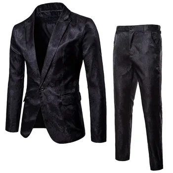 Елегантен жаккардовый мъжки костюм, черен, бордо, сватбен банкет, нощен клуб, мъжко яке, Висококачествени мъжки блейзър, комплект от 2 теми, брючные костюми