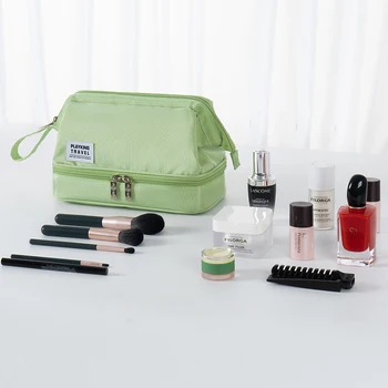 Пътна чанта за тоалетни принадлежности, Двупластова косметичка за жени, Преносим косметичка с цип Органайзер за съхранение на козметиката
