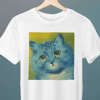 Синята котка, Картината на Луи Уейн Тениска Унисекс, Художествена тениска, Тениска с котка, Модерна, Съвременно изкуство, за Нея, за Него, Любител на котки