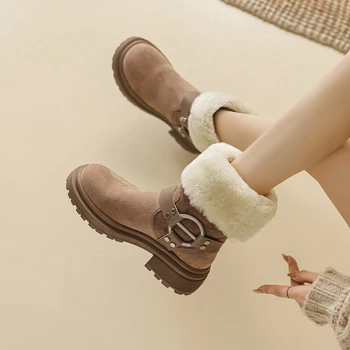 Дамски Топли Дебели Зимни Обувки; Зимни Памучен Обувки С кръгло бомбе На Дебела подметка; Удобна Однотонная Обувки На Висок Ток; Zapato Para Mujer