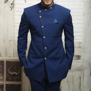 Дизайнерски мъжки костюми, луксозни однобортный сако в тъмно синьо с елегантен оборудвана яке, панталони, ушити по поръчка от 2 теми